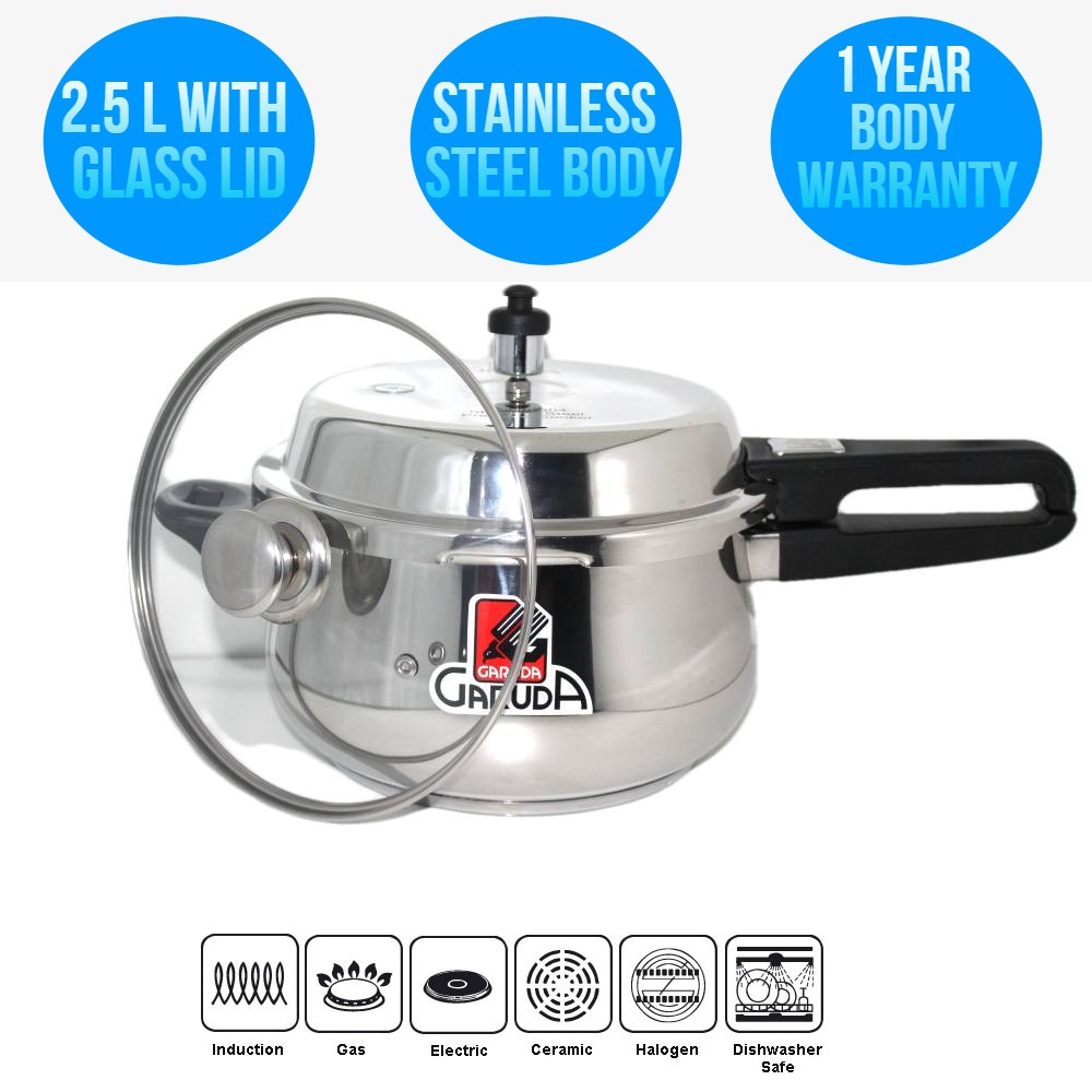 Garuda NRI 2.5 Liter Belly Shape Stainless Steel pressure Cooker with glass lid
