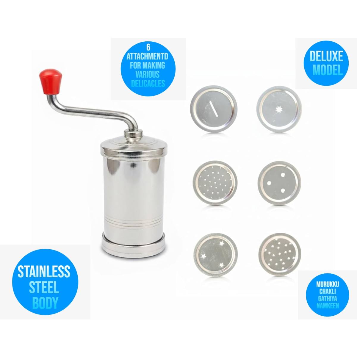Stainless Steel Sev Sancha, Snack/Murukku/Noodle Maker with with Multiple Discs 6 net