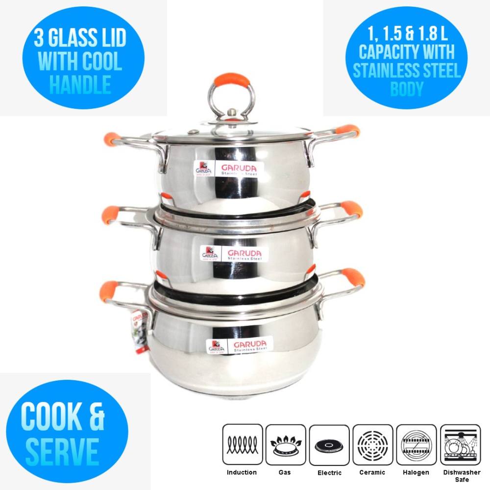 Garuda 3 Pcs Induction Base Optima Handi Set with Glass Lid