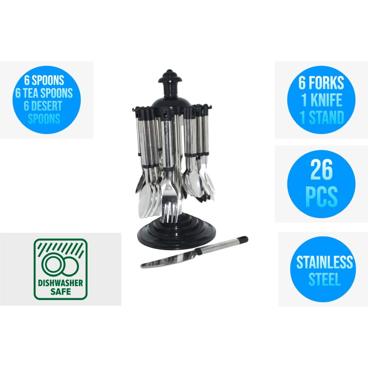 26 Pcs Stainless Steel Hanging Complete Cutlery Set with Hanging Rack Stand