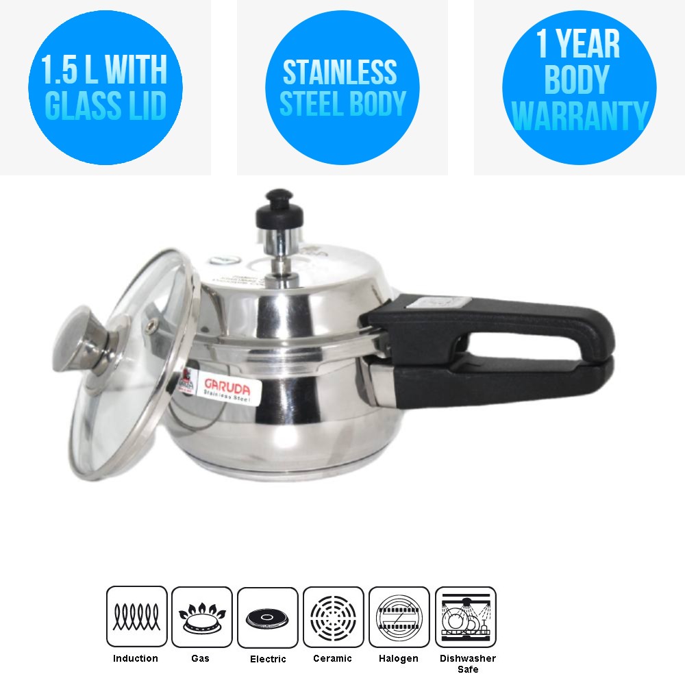 Garuda NRI 1.5 Liter Belly Shape Stainless Steel pressure Cooker with Glass Lid (Baby)