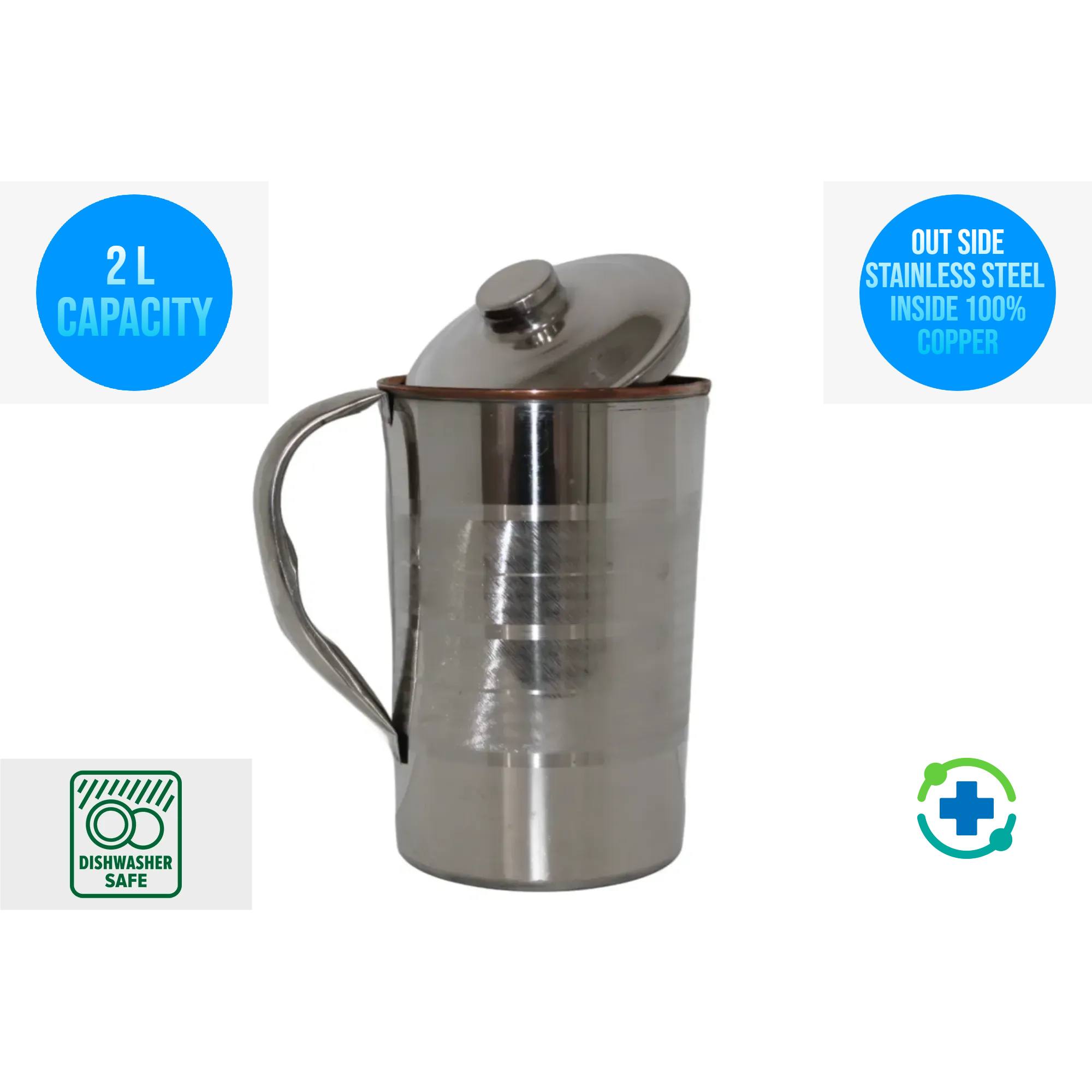 2 L Stainless Steel and Copper Pitcher with Lid Pitcher Water Jug for Ayurveda Health Heavy Duty