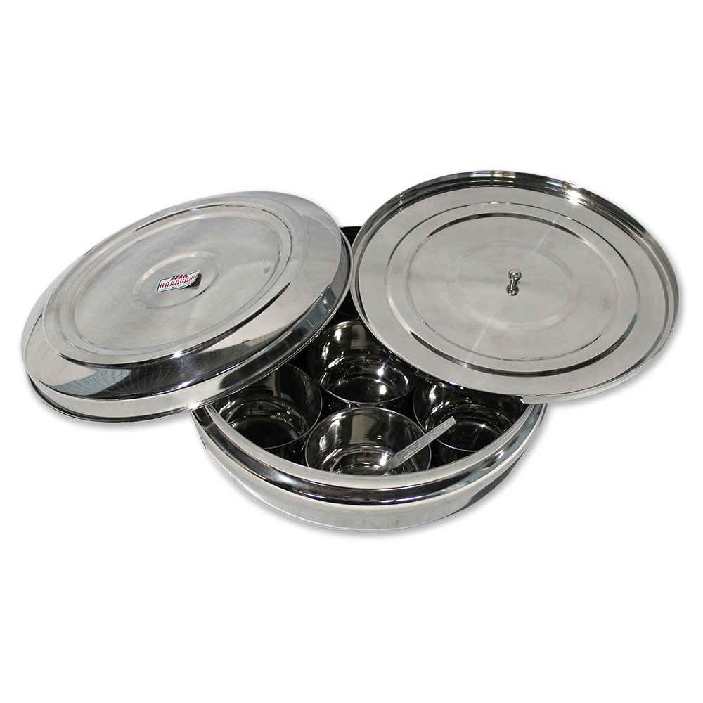 Stainless Steel Indian Herb Spice Tin Box Masala Dabba WITH double LID & 7 POTS Big