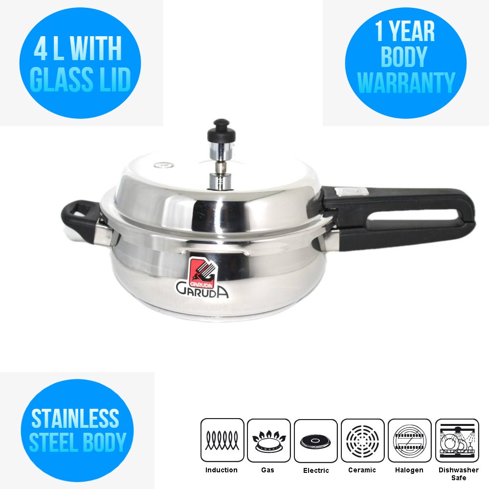 GARUDA NRI 4 LITER PAN SHAPE STAINLESS STEEL PRESSURE COOKER WITH GLASS LID