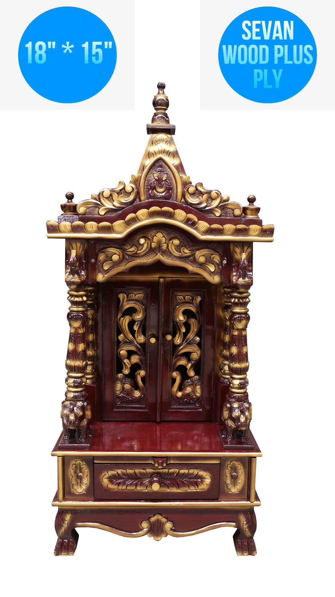 JK 18 15 Sevan WOOD with Ply CEMICARVE TEMPLE Home PUJA Ghar POOJA Mandir Hindu TEMPLE (Pick Up Price)(Cherry Gold)