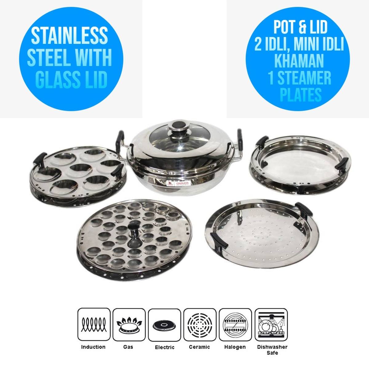 Stainless Steel Multi Purpose Kadai Steamer with Induction Bottom All in one big size 7 plates DHOKLA (2) Idli (2) patra/Momos (1) mini idli (2) with Steel glass Lid