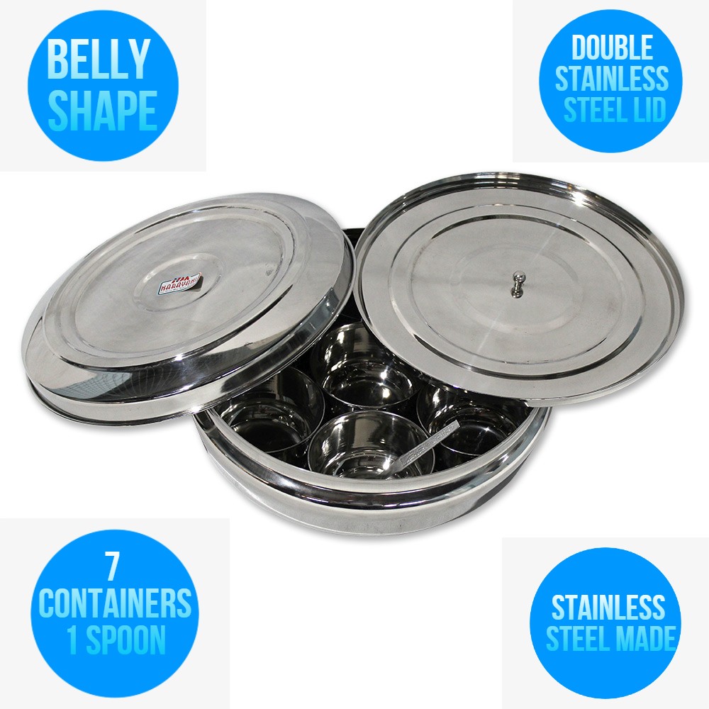 Stainless Steel Indian Herb Spice Tin Box Masala Dabba WITH double LID & 7 POTS Big
