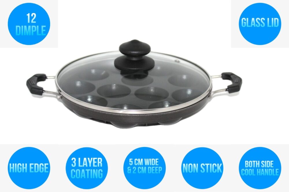 12 PCS Appam Tawa, Poffertjes Mini Dutch Pancake, Takoyaki Pan Paniyaram, Pan, Patra & Tawa octopus maker grill tray mold pan With Glass Lid