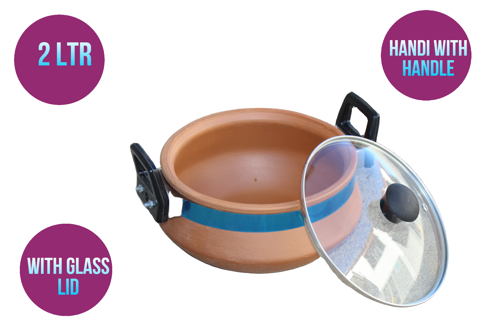 Clay 2 L Handi Pot with Handle & Glass Lid (Only Pick Up)