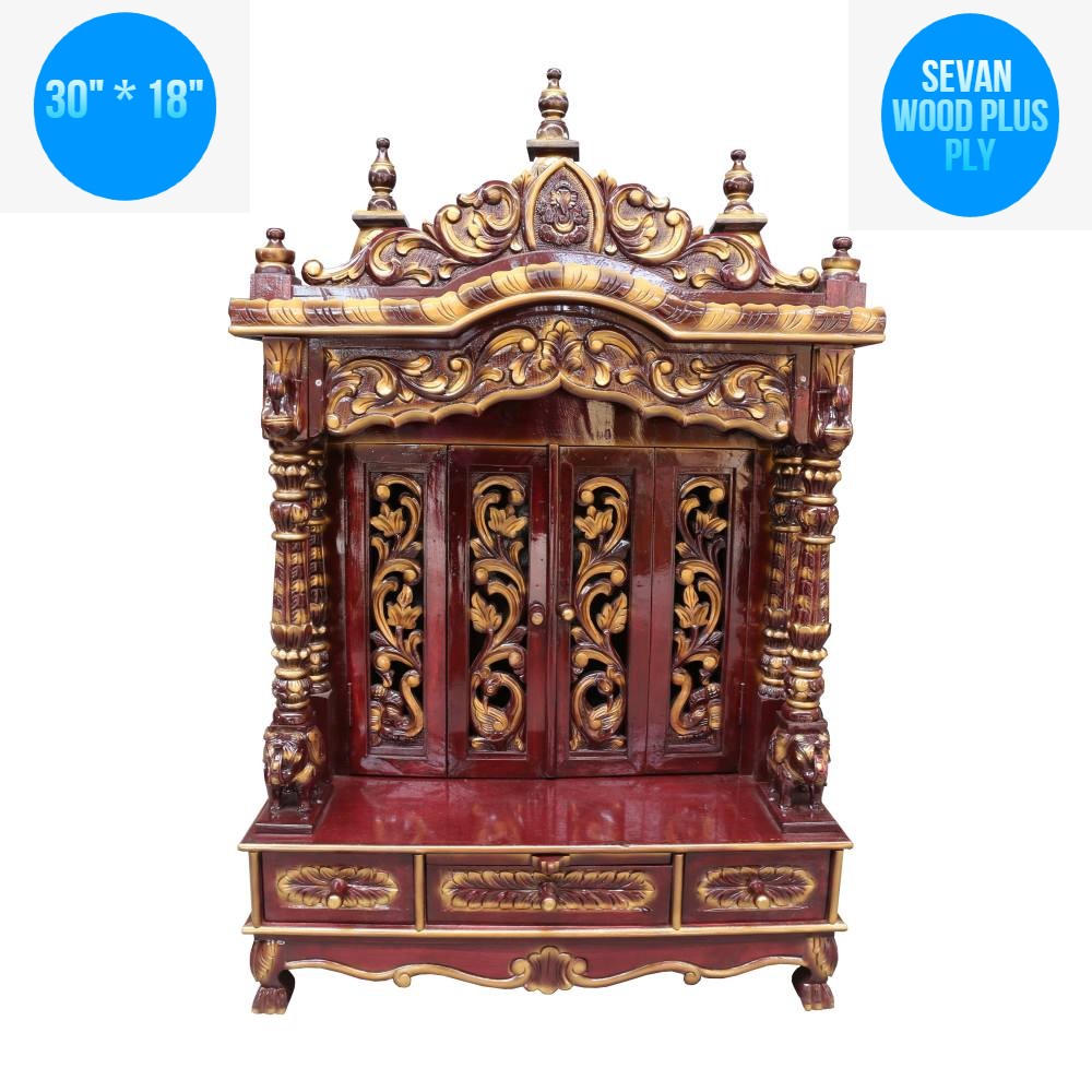 JK 30 * 18 Sevan WOOD with Ply CEMICARVE POOJA (PUJA) TEMPLE (MANDIR) Cherry Gold