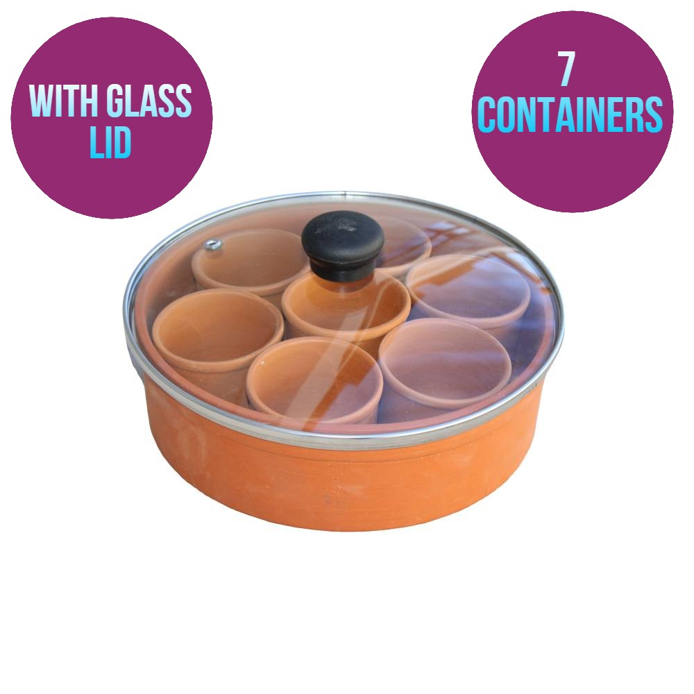 Clay Masala Spice Box with Glass Lid (Only Pick Up)