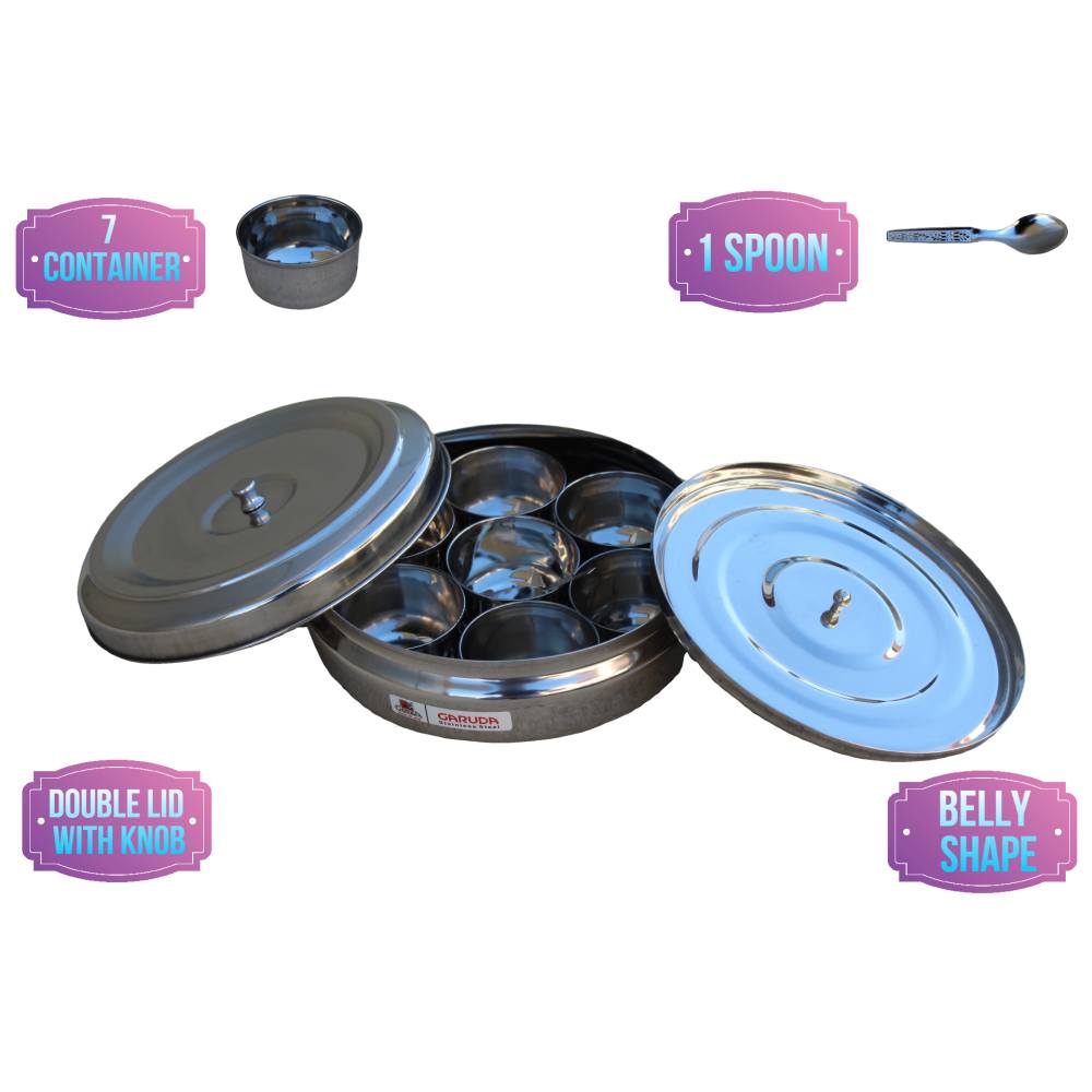 Stainless Steel Indian Herb Spice Tin Box Masala Dabba WITH double LID & 7 POTS Medium Garuda
