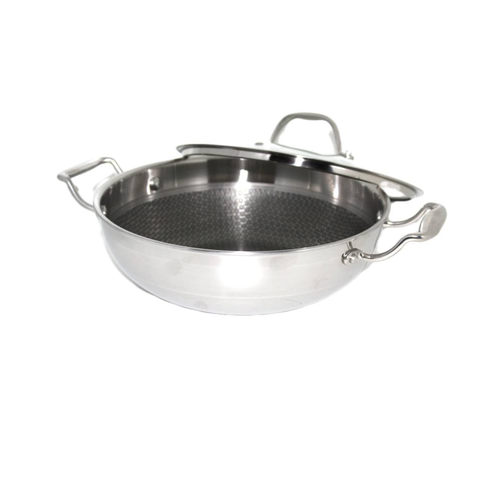 Honeycomb Hybrid Coated non stick Stainless Steel Deep cooking Fry Pan wok & Lid 22CM 2.3 L