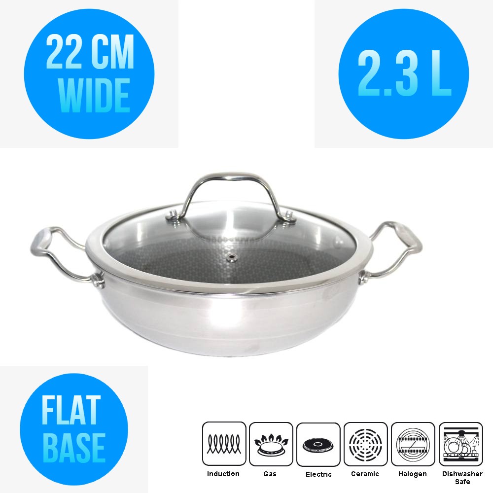 Honeycomb Hybrid Coated non stick Stainless Steel Deep cooking Fry Pan wok & Lid 22CM 2.3 L
