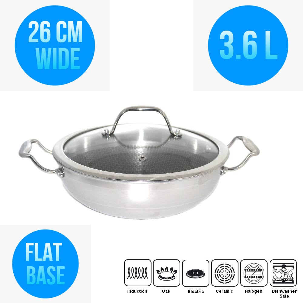 Honeycomb Hybrid Coated non stick Stainless Steel Deep cooking Fry Pan wok & Lid 26CM 3.6 L