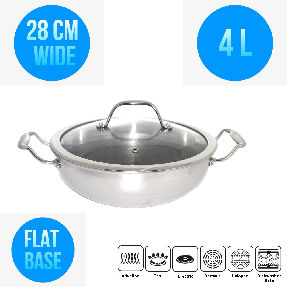 Honeycomb Hybrid Coated non stick Stainless Steel Deep cooking Fry Pan wok & Lid 28CM 4 L