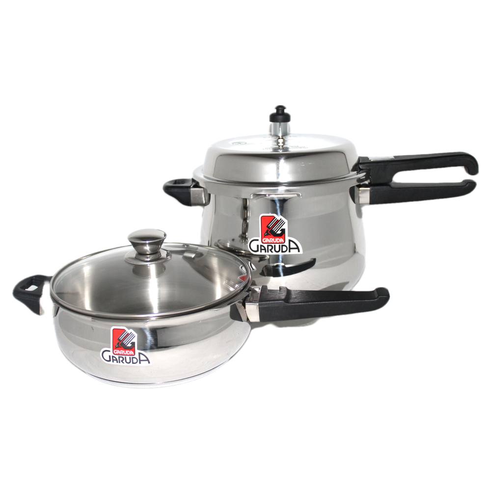 Garuda Outer Lid 4 & 7.5 Ltr Stainless Steel Pressure Cooker Combi Pack with Glass Lid