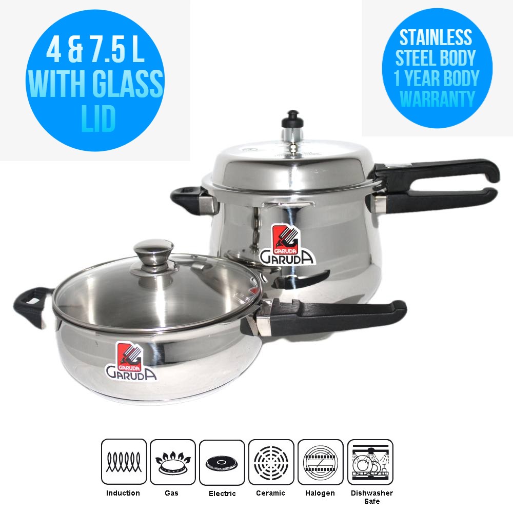Garuda Outer Lid 4 & 7.5 Ltr Stainless Steel Pressure Cooker Combi Pack with Glass Lid