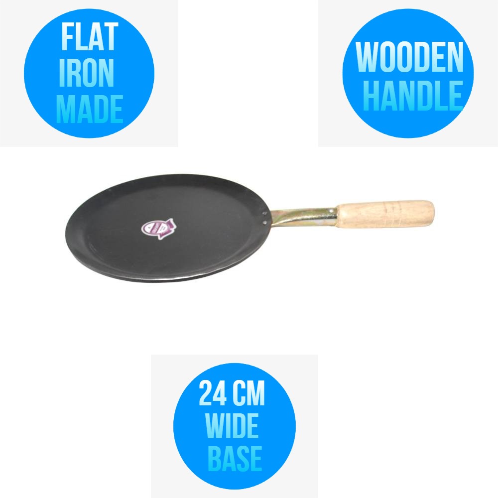 Iron Roti Tawa with wooden Handle Flate Base Medium