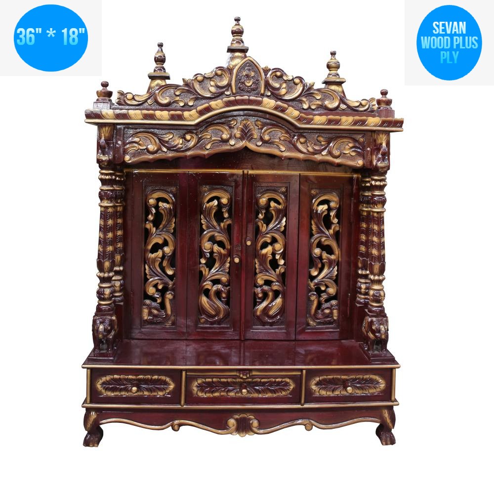 JK 36 * 18 Sevan WOOD with Ply CEMICARVE TEMPLE Home PUJA Ghar POOJA Mandir Hindu TEMPLE (Pick Up Price) (Cherry Gold)