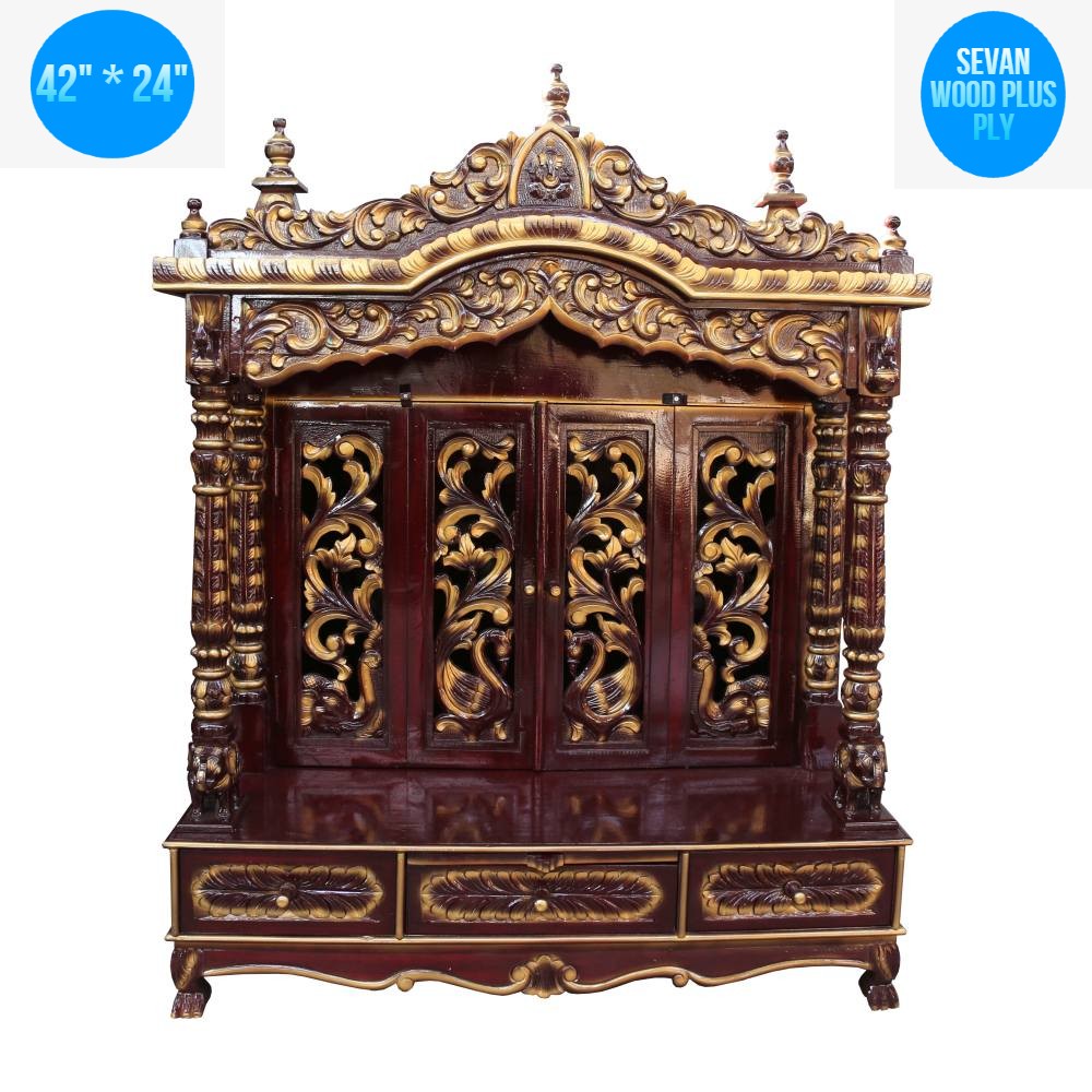 JK 42 * 24 Sevan WOOD with Ply CEMICARVE POOJA (PUJA) TEMPLE (MANDIR) (Cherry Gold)