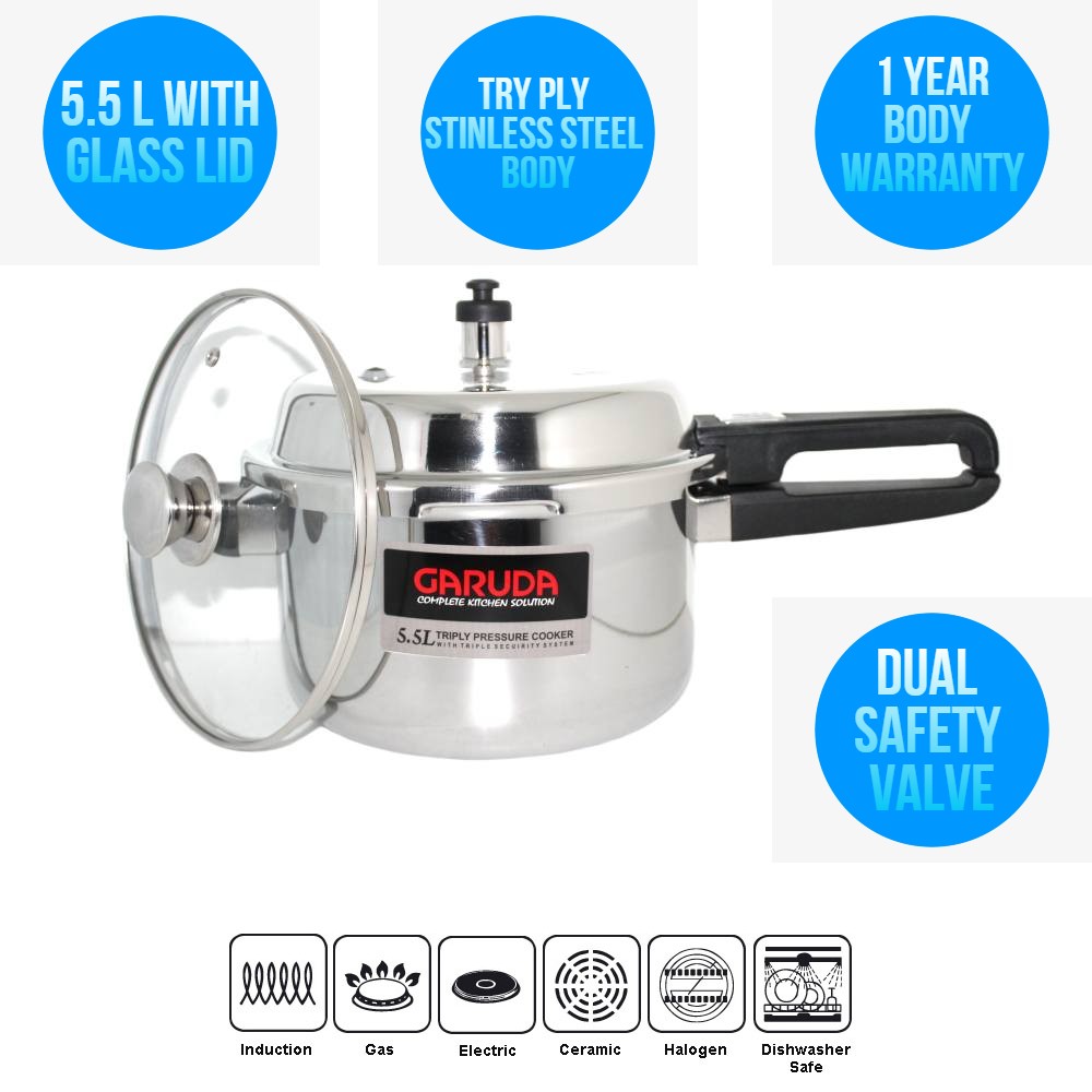 Try Ply Tri Ply Stainless Steel Pressure cooker with glass lid 5.5 L 5.5 Liter
