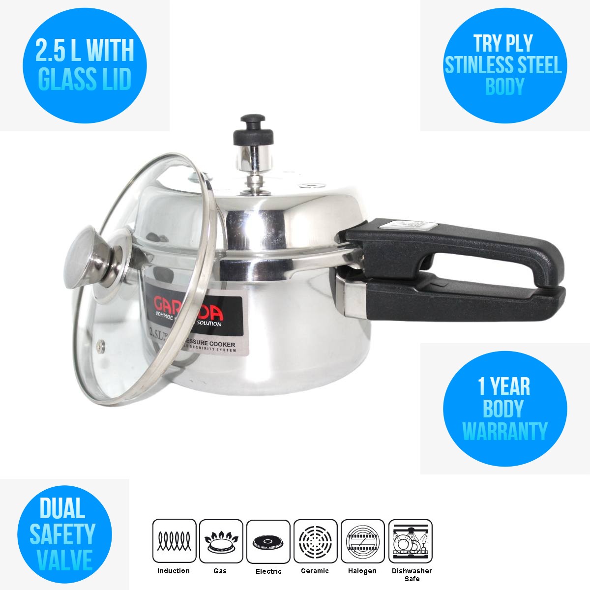 Try Ply Tri Ply Stainless Steel Pressure cooker with glass lid 2.5 L 2.5 Liter
