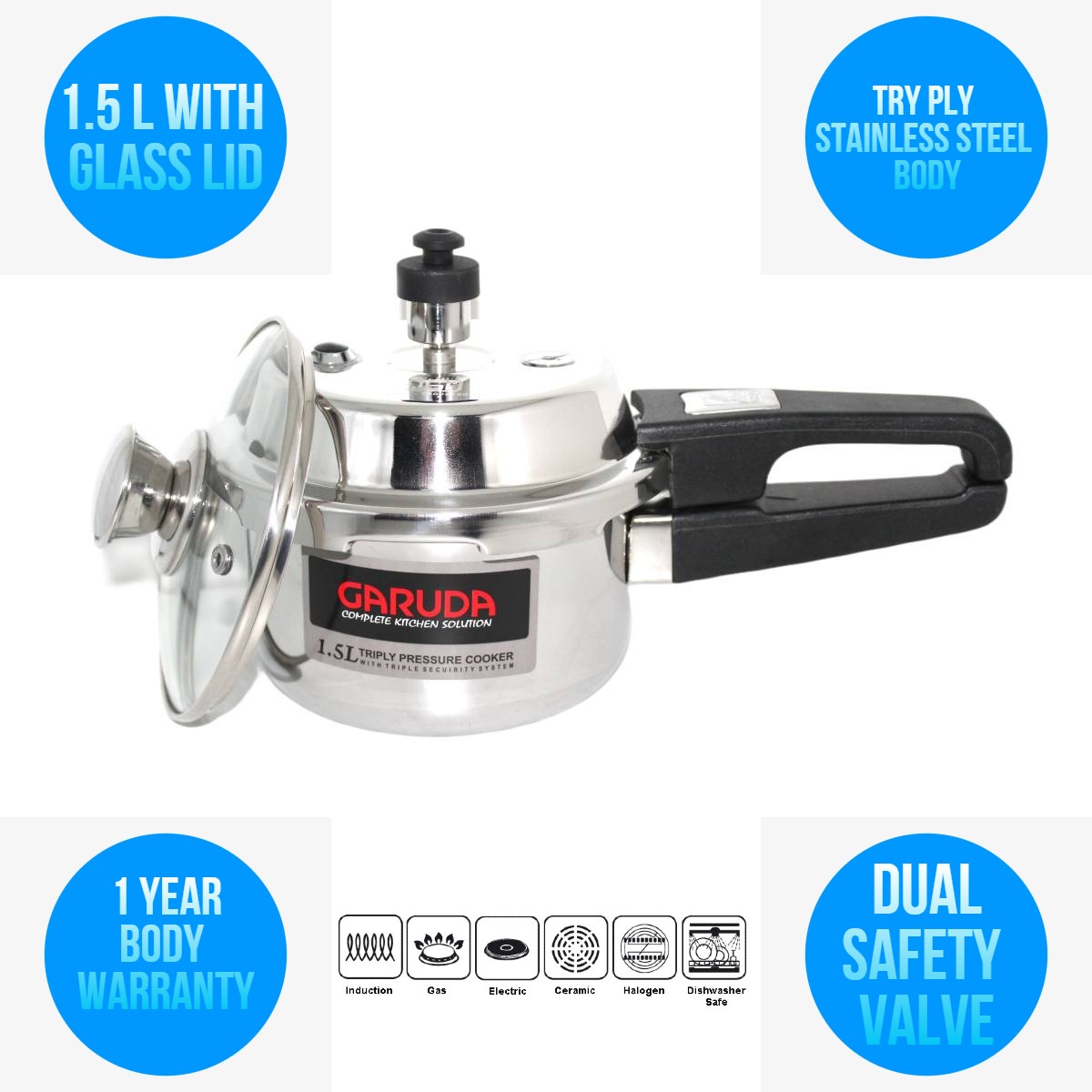 Try Ply Tri Ply Stainless Steel Pressure cooker with glass lid 1.5 L 1.5 Liter