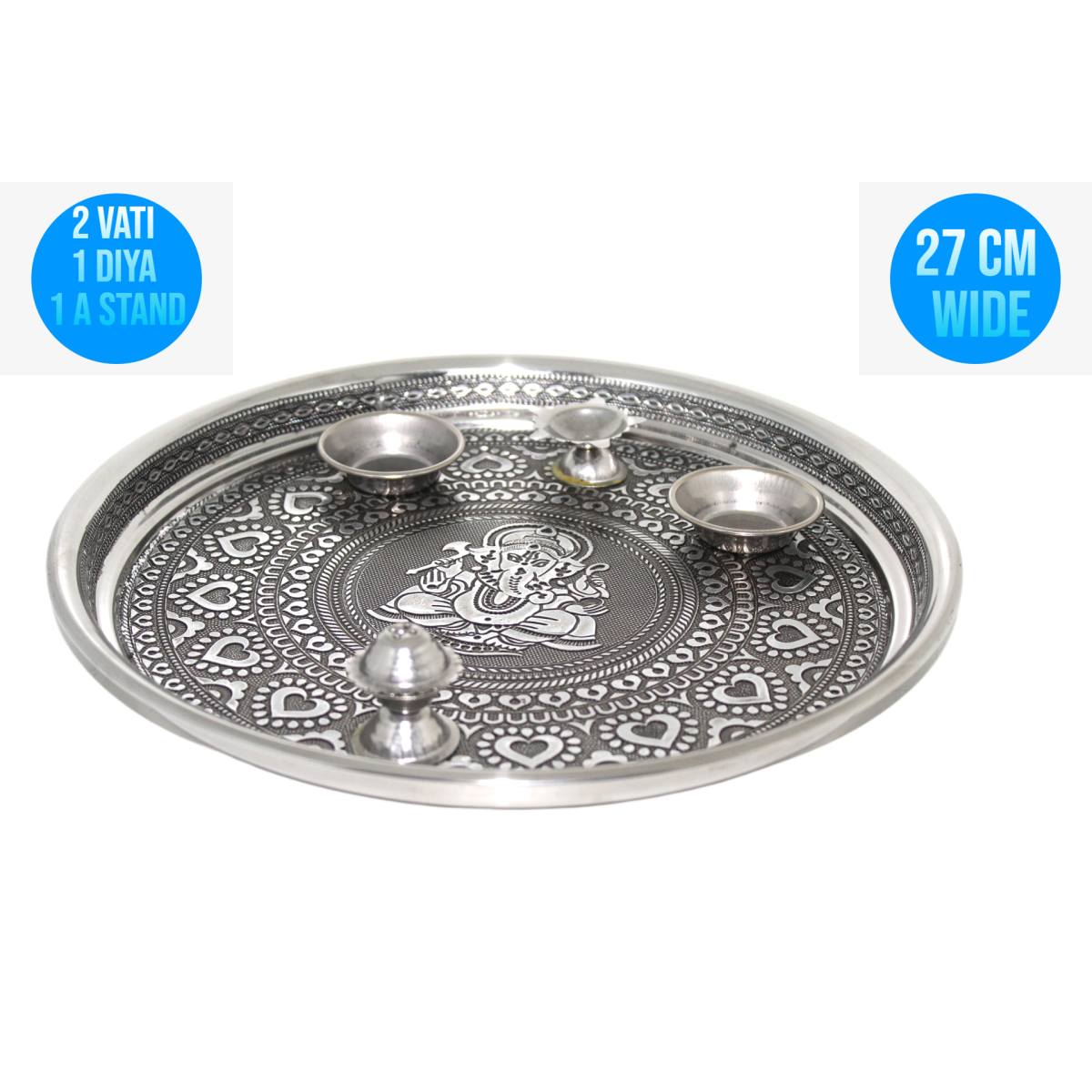 27 CM Oxodised Puja Pooja Aarti Thali with diya vati & Agarbatti Incense Stand