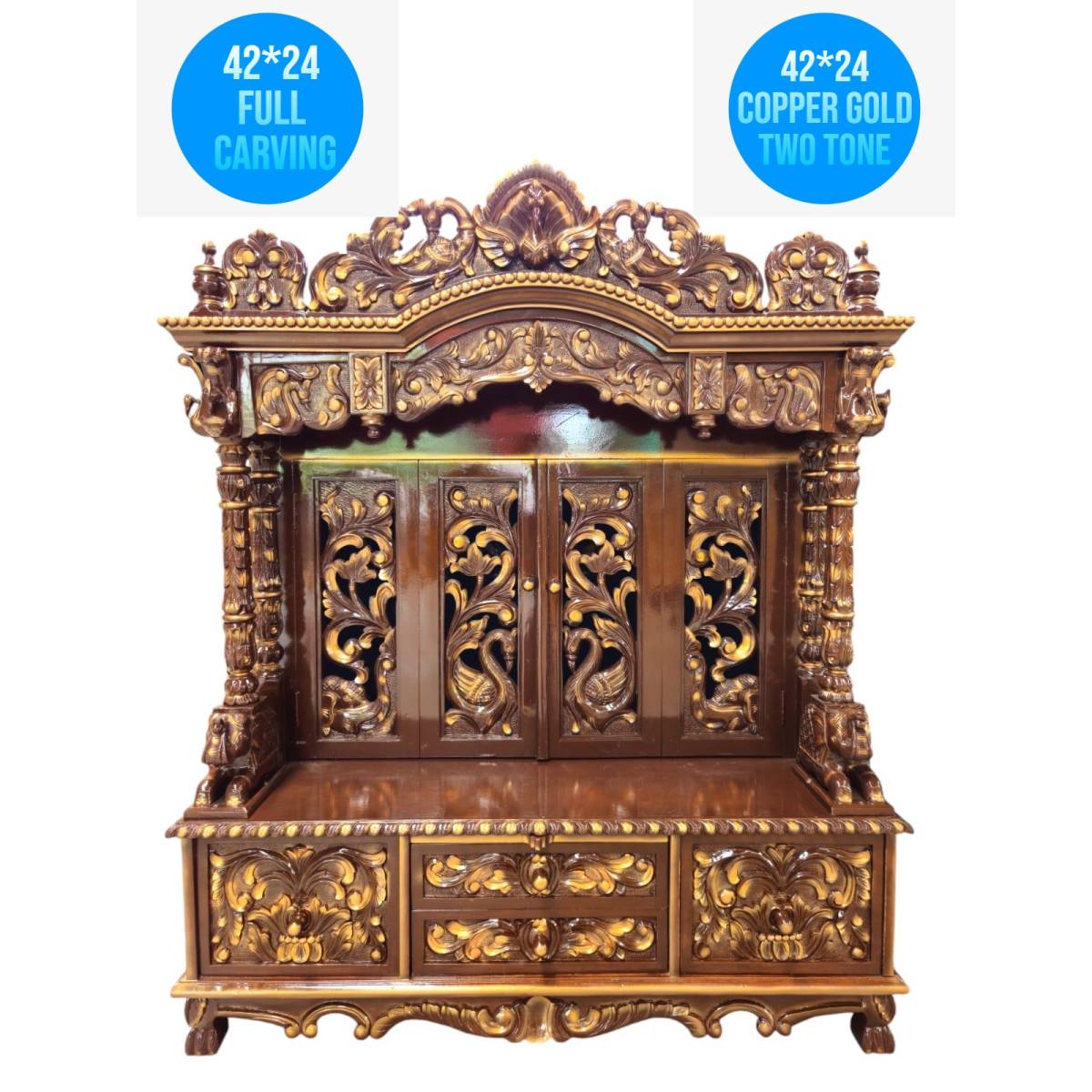 JK 42 * 24 Sevan WOOD with Ply FULLCARVE POOJA (PUJA) TEMPLE (MANDIR) (BROWN GOLD two tone)