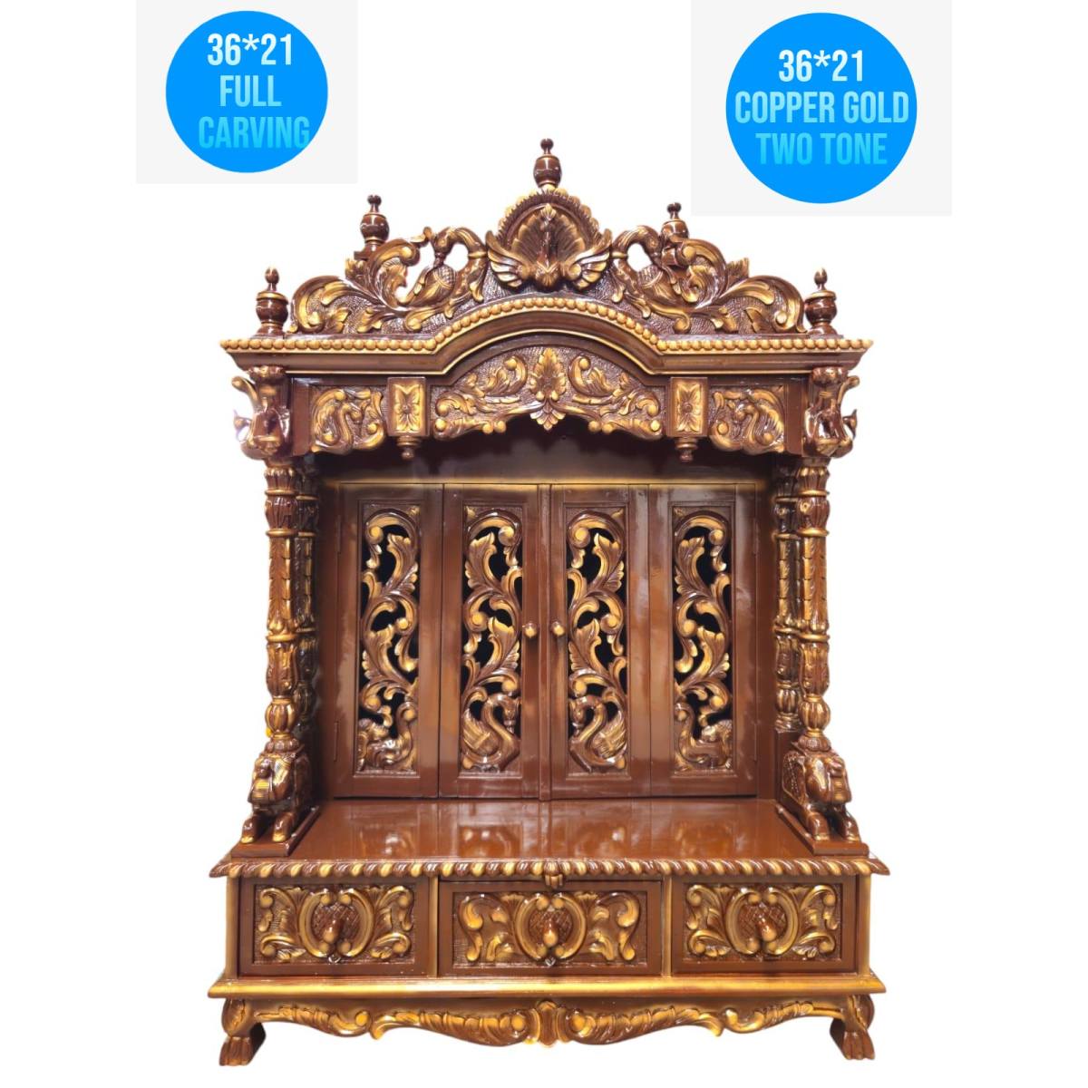 JK 36 * 21 Sevan WOOD with Ply FULLCARVE POOJA (PUJA) TEMPLE (MANDIR) (BROWN GOLD two tone)