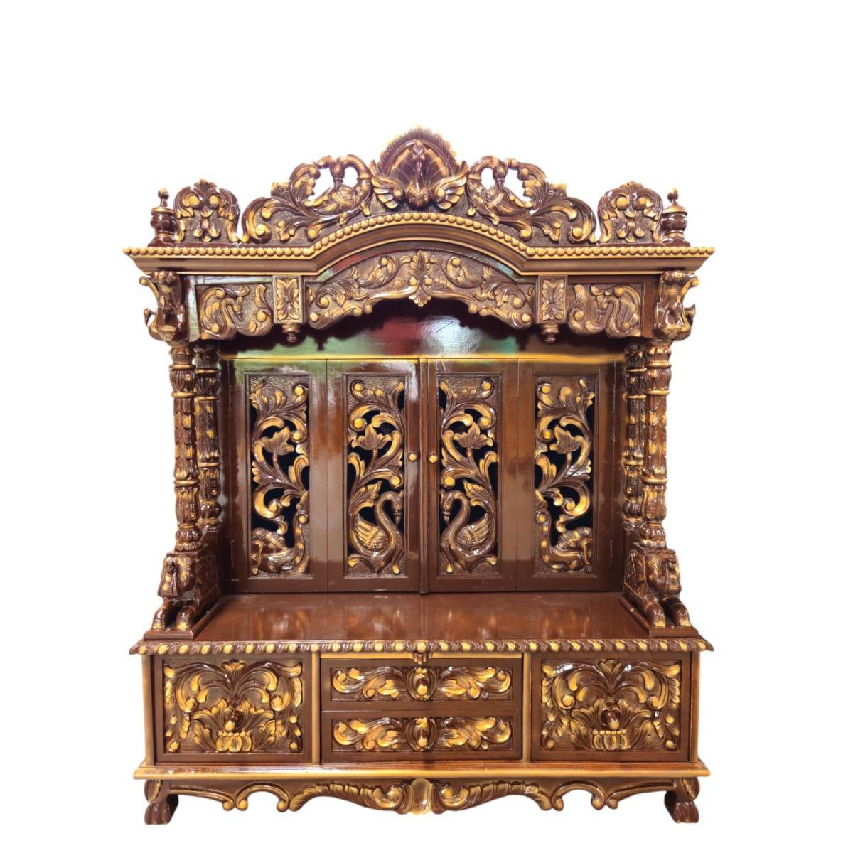 JK 42 * 24 Sevan WOOD with Ply FULLCARVE POOJA (PUJA) TEMPLE (MANDIR) (BROWN GOLD two tone)