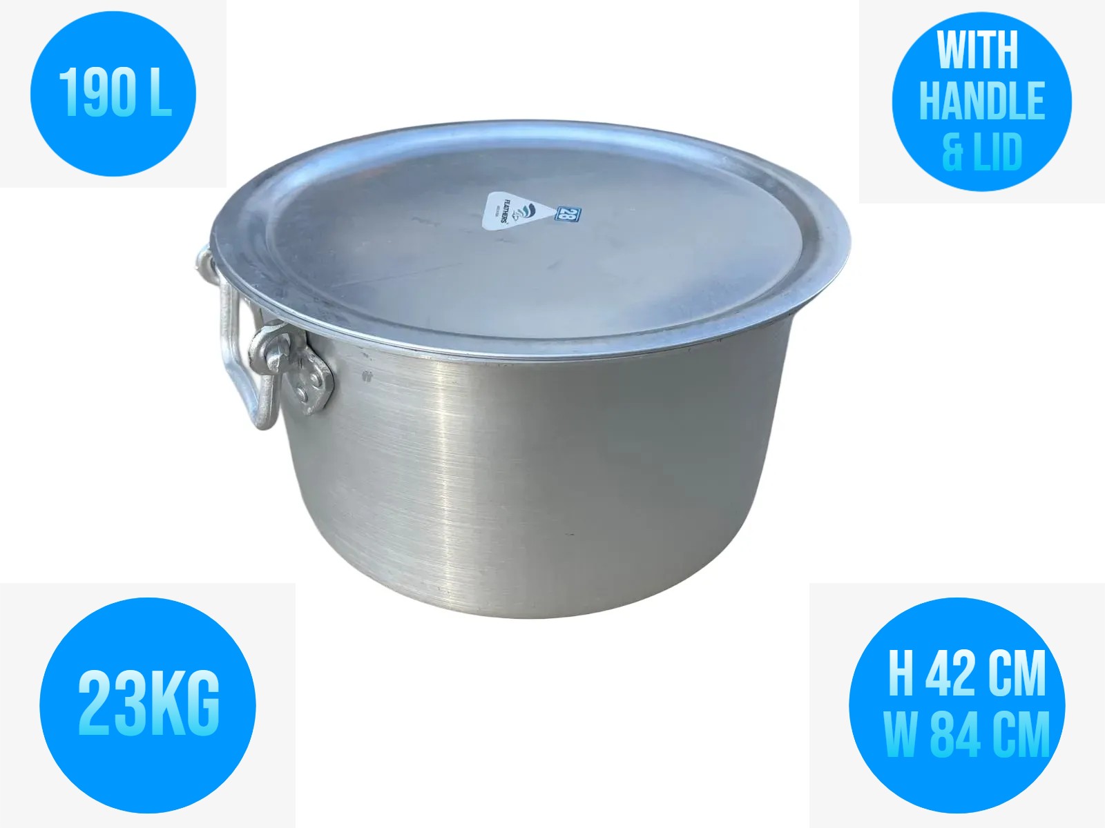 Commercial Premium Aluminum cooking pots With Lid Patila Tope Bhagona with Flat base 190.00 L (Pick up Price)