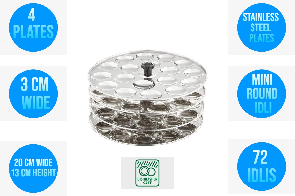4 RACK STAINLESS STEEL MINI IDLI COOKER STAND STEAMER 72 PCS