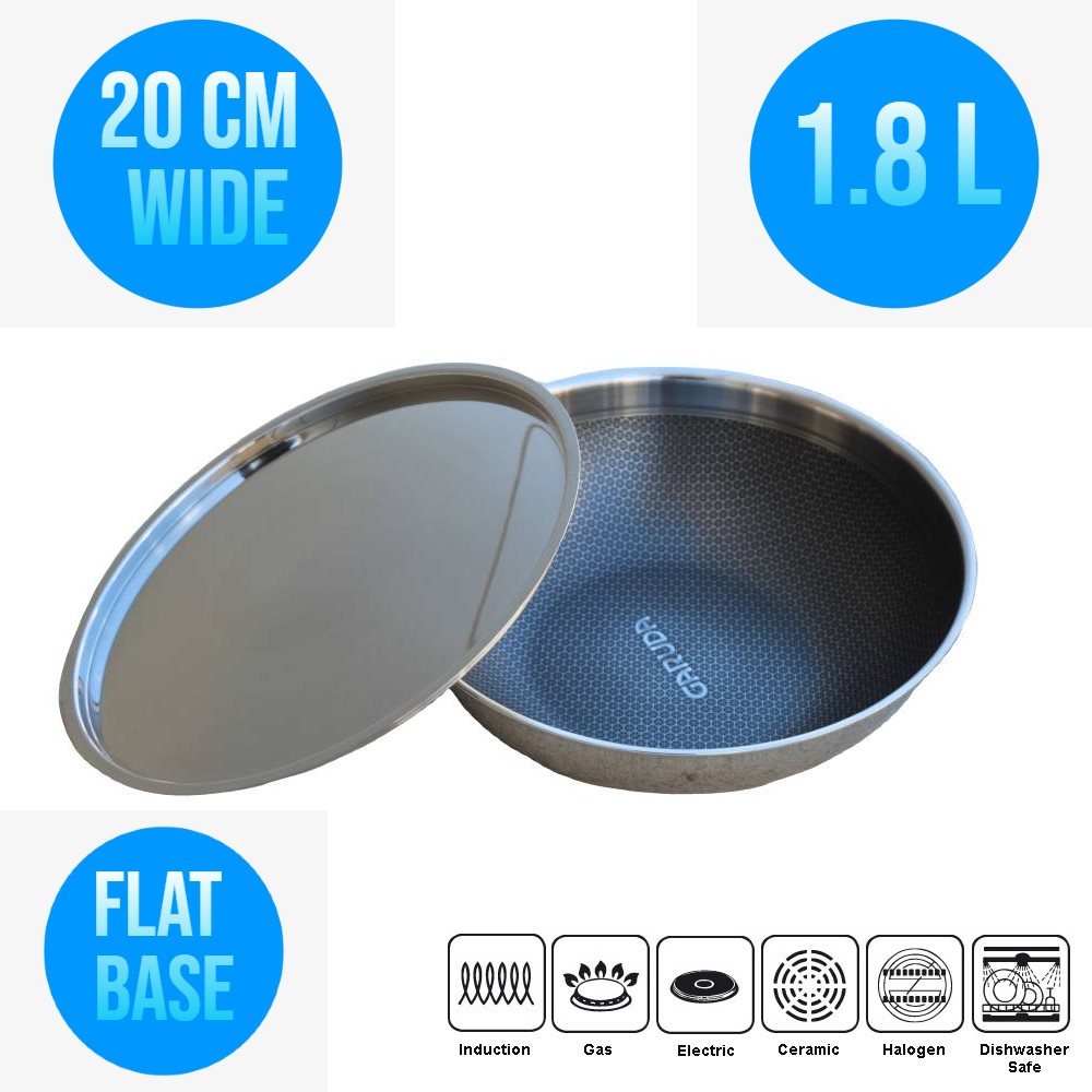 Honeycomb Hybrid Coated Non Stick Stainless Steel Deep Cooking Wok 20CM 1.8 L with Stainless Steel Lid