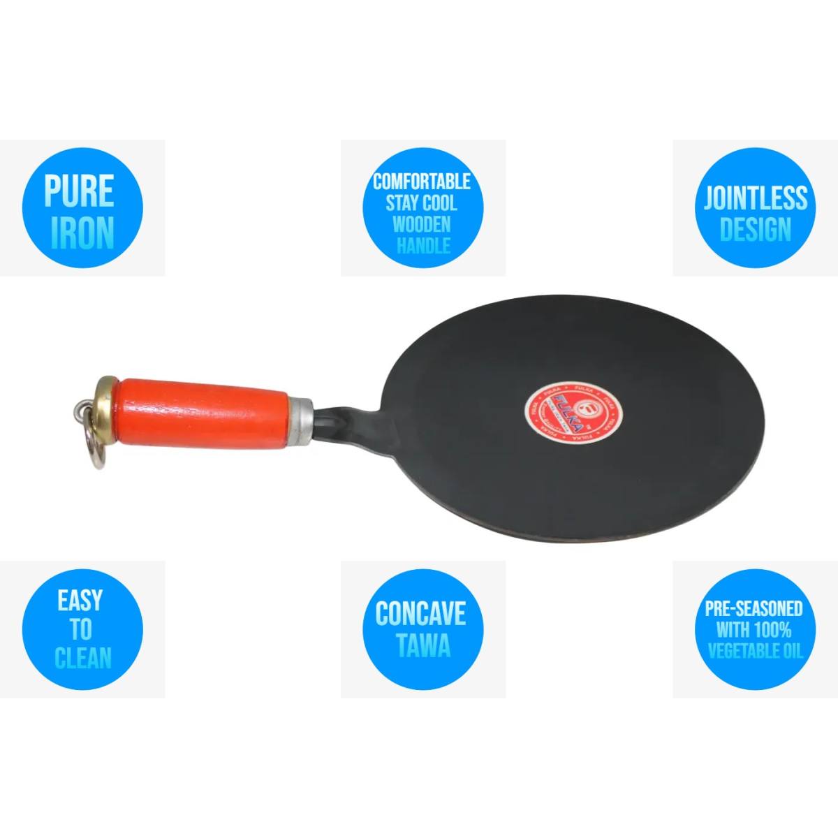 Pure Iron Concave Tortilla Roti Pan Tawa Wooden Handle High Quality 24 CM