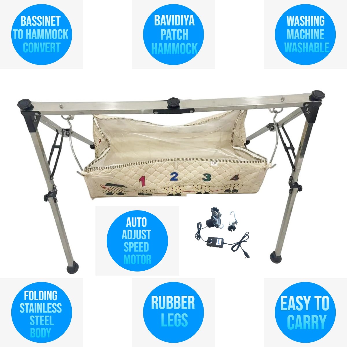 Stainless Steel Premium Indian style baby cradle Ghodiyu Portable cradle,hammock with BAVADIYA PATCH RING KHOYA with motor