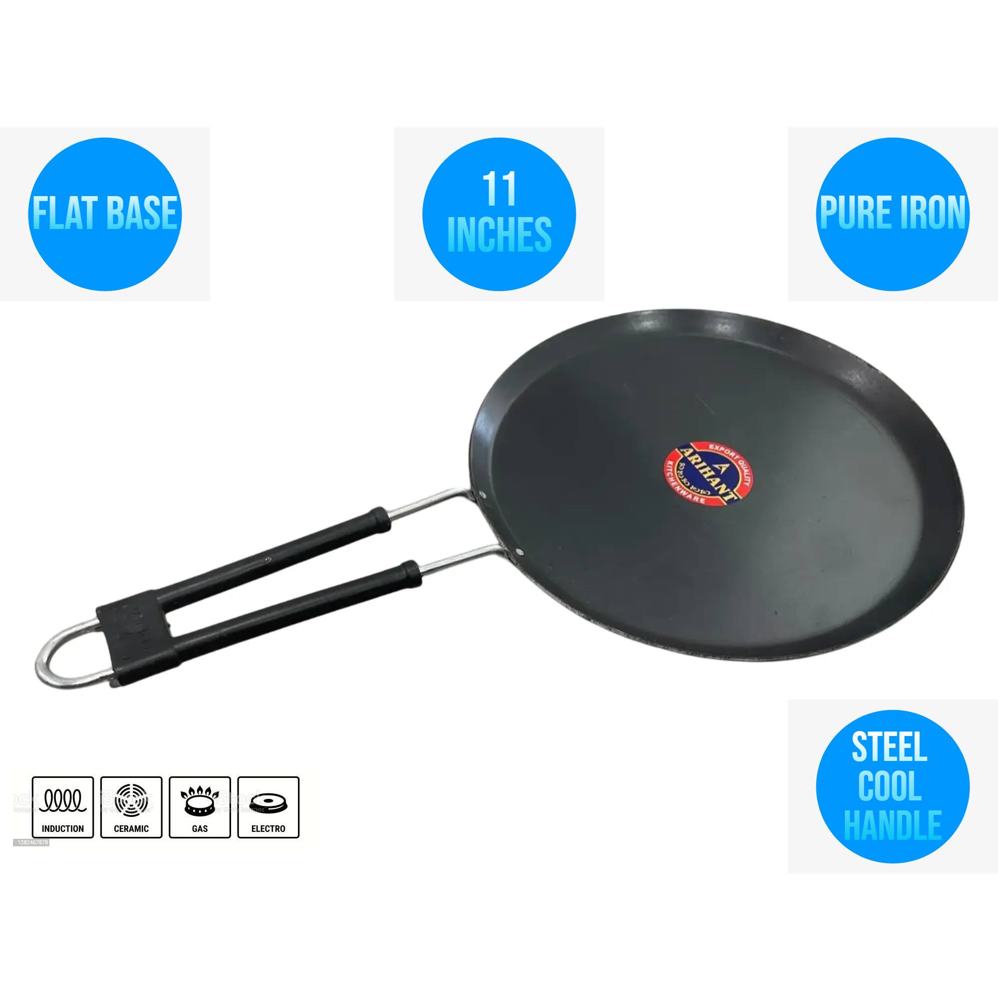 28 CM Pure Iron flat Tawa with Unique Smooth Edges Metal Spoon Friendly stainless steel Handle Perfect for Roti & Chapati (induction suitable)