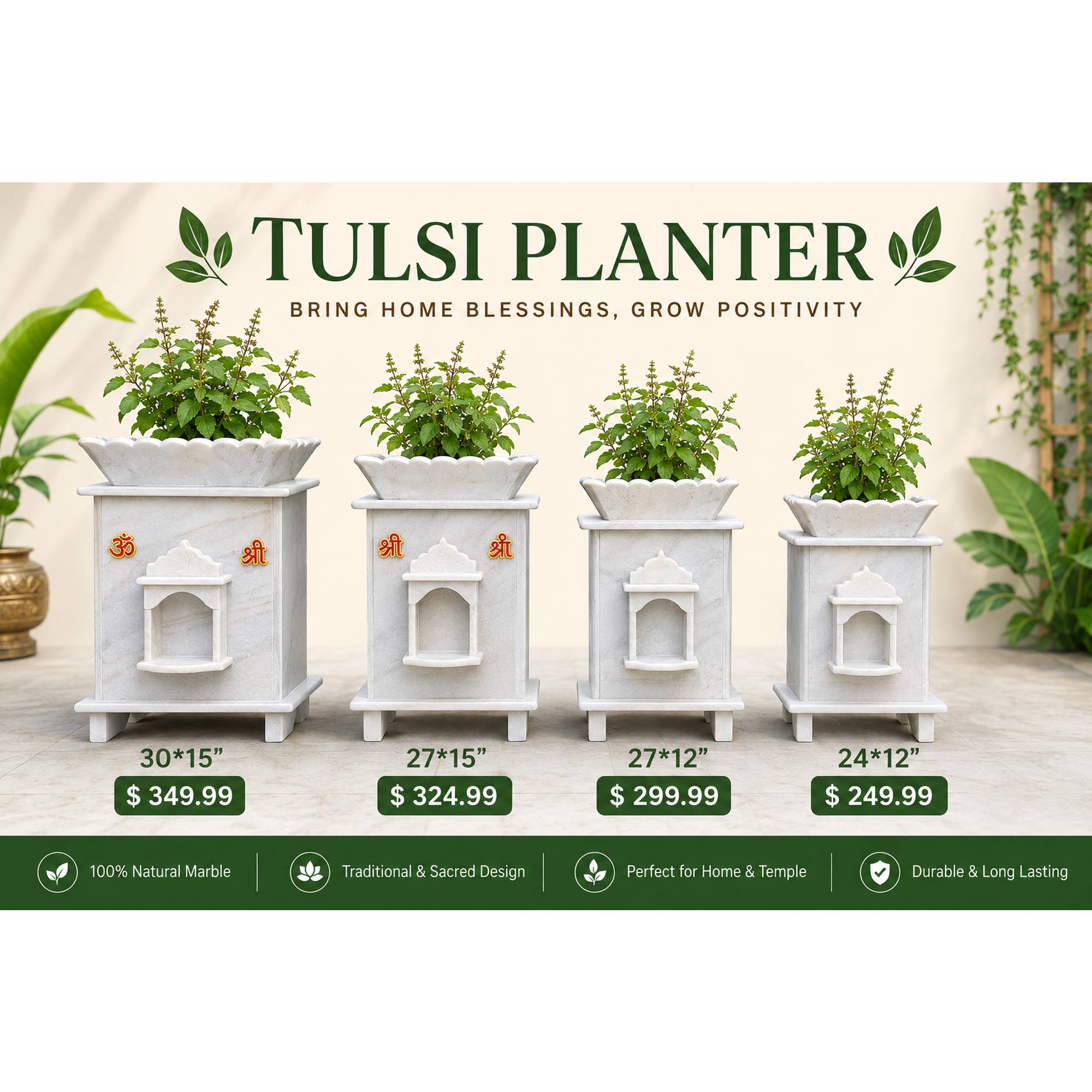 Premium White Marble Tulsi Pot with Diya Holder (ONLY PICK UP)